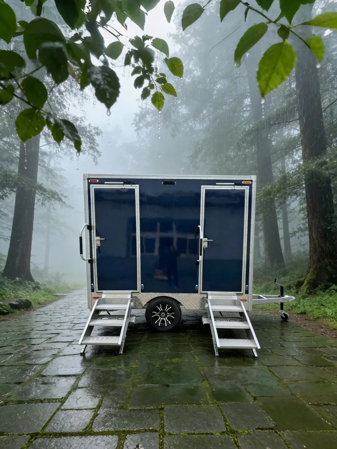 Outdoor Portable Toilet Double-Compartment Silver Metal Frame Dark Blue Access Steps Small Windows with Wheels
Outdoor Portable Toilet Double-Compartment Silver Metal Frame Dark Blue Access Steps Small Windows with Wheels