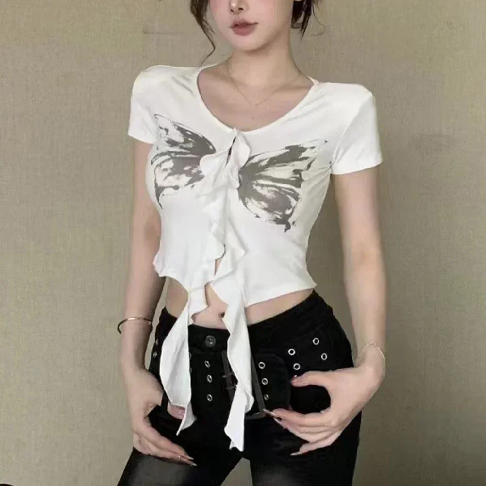 White Butterfly Print Top Women Casual Crop Top Butterfly Short Sleeve Top Microelasticity Microelasticity Fabric
White Butterfly Print Top Women Casual Crop Top Butterfly Short Sleeve Top Microelasticity Microelasticity Fabric