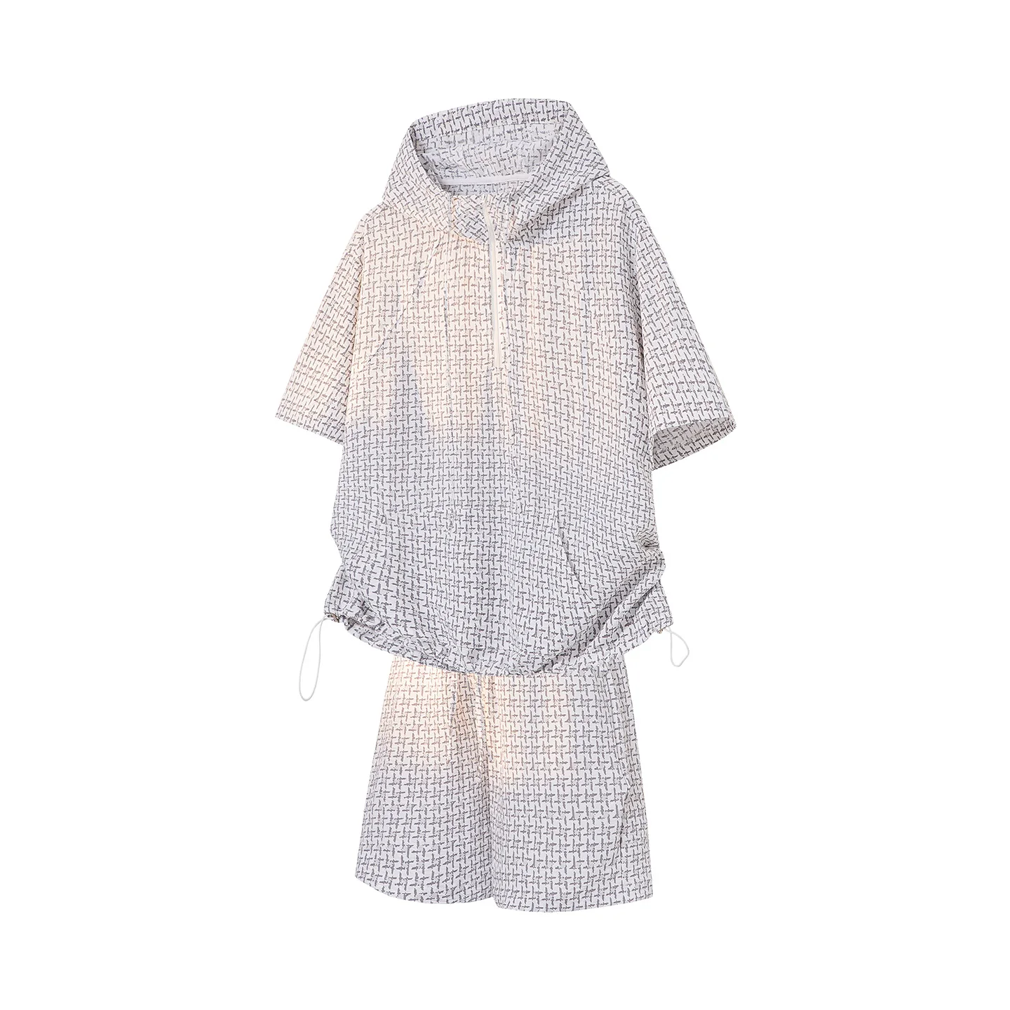 Lightweight, breathable hooded short-sleeved set with a half-zip and drawstring hem; loose fit, flattering on all body types
Lightweight, breathable hooded short-sleeved set with a half-zip and drawstring hem; loose fit, flattering on all body types