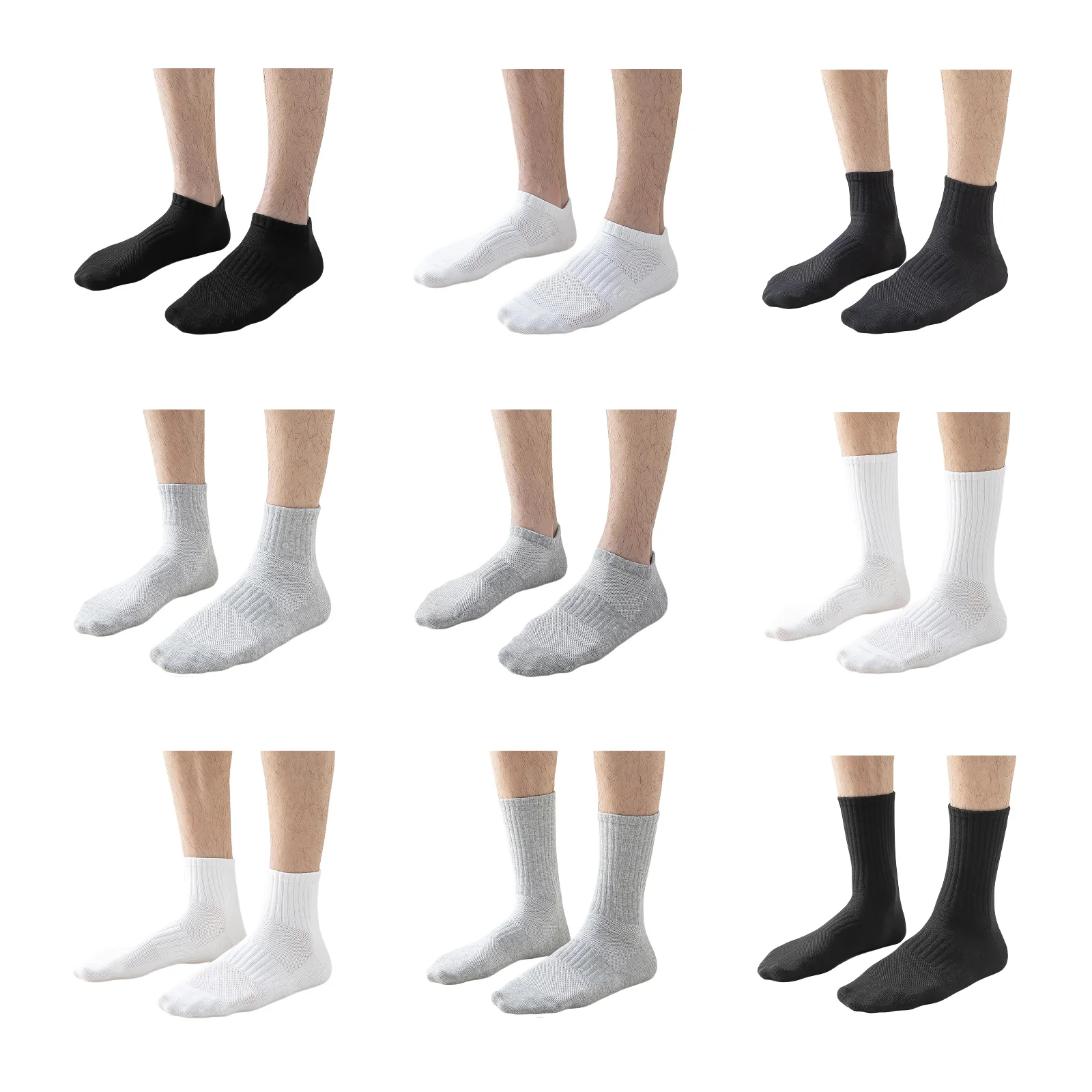 Набор мужских носков, не оставляющих следов на одежде: 9 пар коротких, средних и длинных носков в черном, белом и сером цветах.
Набор мужских носков, не оставляющих следов на одежде: 9 пар коротких, средних и длинных носков в черном, белом и сером цветах.