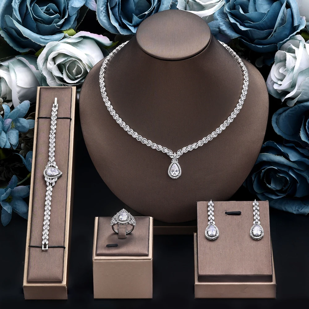Fashion Cubic Zirconia Water Drop Necklace Earrings 4pcs Bridal Wedding Jewelry Sets For Women Party Dubai Jewelry Set
Fashion Cubic Zirconia Water Drop Necklace Earrings 4pcs Bridal Wedding Jewelry Sets For Women Party Dubai Jewelry Set