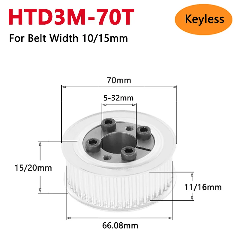 1pc 70 Teeth HTD3M Keyless Timing Pulley 70T HTD-3M Expansion Sleeve Bushing Synchronous Wheel For Width 10/15mm Bore 5 6-32mm
1pc 70 Teeth HTD3M Keyless Timing Pulley 70T HTD-3M Expansion Sleeve Bushing Synchronous Wheel For Width 10/15mm Bore 5 6-32mm