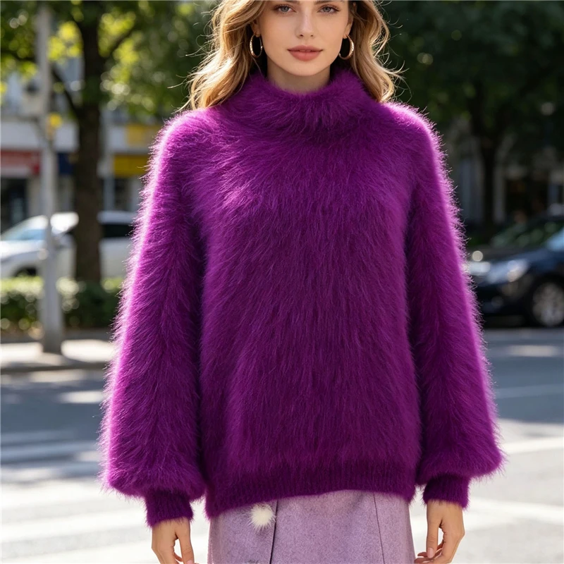 Women Mujer Autumn Winter Thick Warm Purple Hairy Mink Cashmere Knitted Long Lantern Sleeves Mock Neck Loose Pullover Sweater
Women Mujer Autumn Winter Thick Warm Purple Hairy Mink Cashmere Knitted Long Lantern Sleeves Mock Neck Loose Pullover Sweater