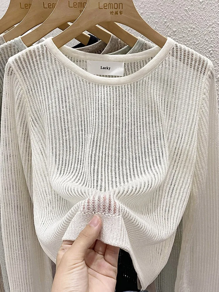 Premium Ice Silk Knitted Top Women's Summer Thin Design ort Hollow out Cover up White Sun Protection Long Sve Crew Ne
Premium Ice Silk Knitted Top Women's Summer Thin Design ort Hollow out Cover up White Sun Protection Long Sve Crew Ne