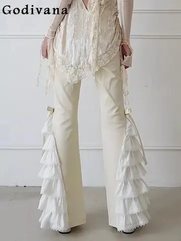 Elegante Lolita coreano Beige con cordones versátil ocio pantalones largos novedad de verano dulce niñas lindo arco moda Micro-pull pantalones