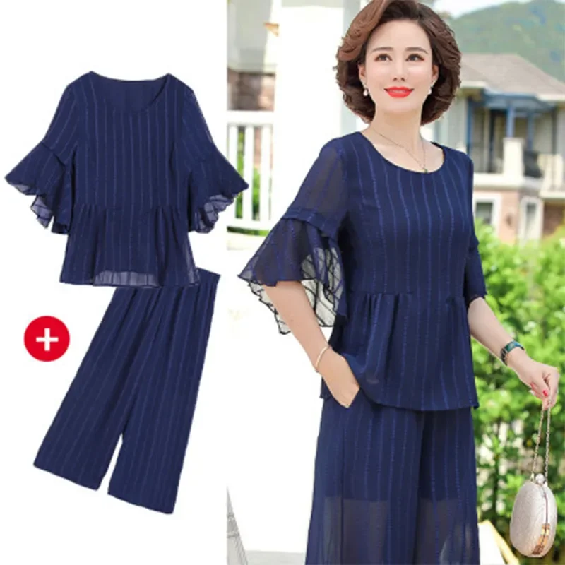 Womens Middle Age Chiffon Two Piece Set Short Flare Sleeve Top And Wide Leg Pants For Summer
Womens Middle Age Chiffon Two Piece Set Short Flare Sleeve Top And Wide Leg Pants For Summer