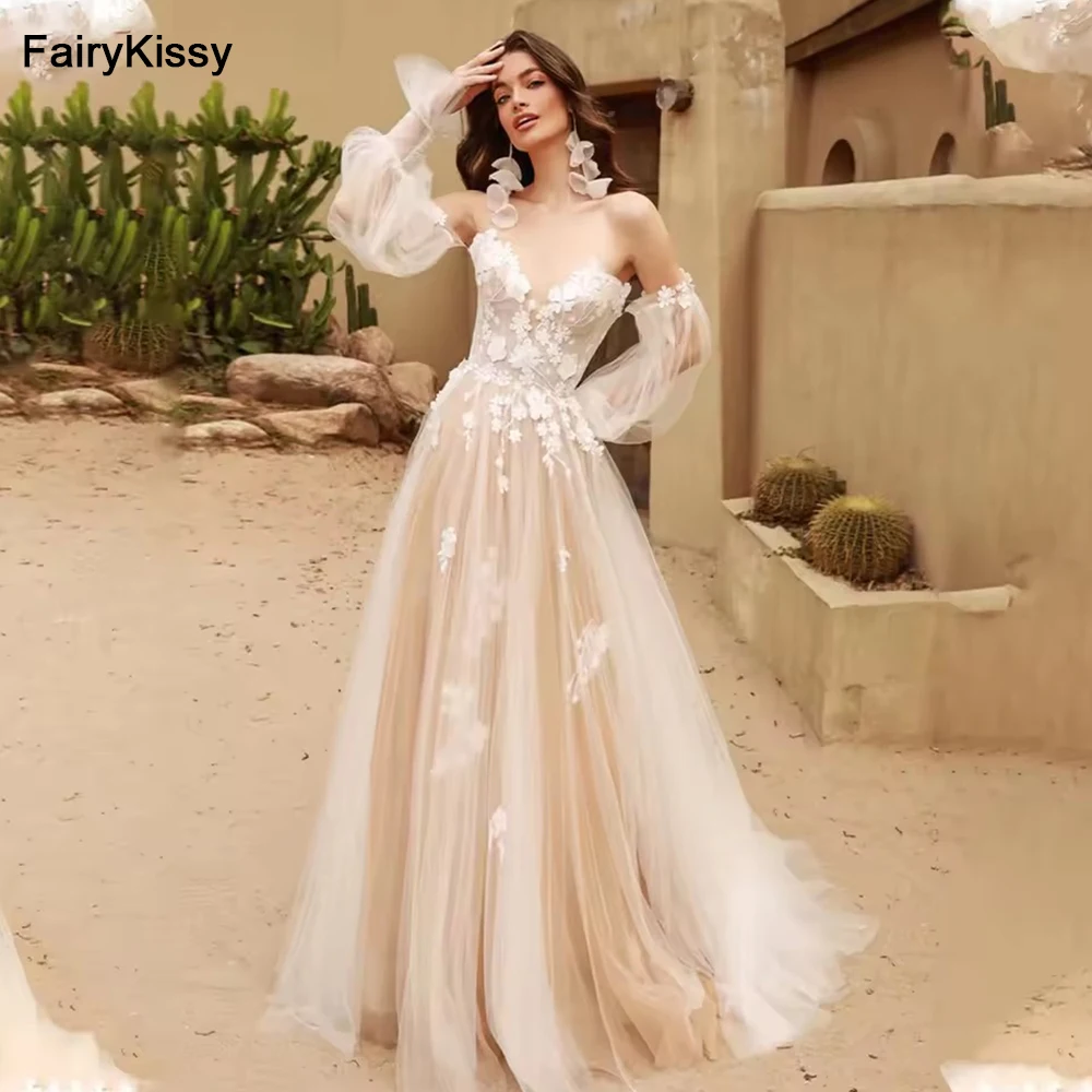 FairyKissy Light Champagne Detachable Long Puff Sleeves V-neck Lace Applique Beach A Line Wedding Dresses 2025 Vestido De Novia
FairyKissy Light Champagne Detachable Long Puff Sleeves V-neck Lace Applique Beach A Line Wedding Dresses 2025 Vestido De Novia