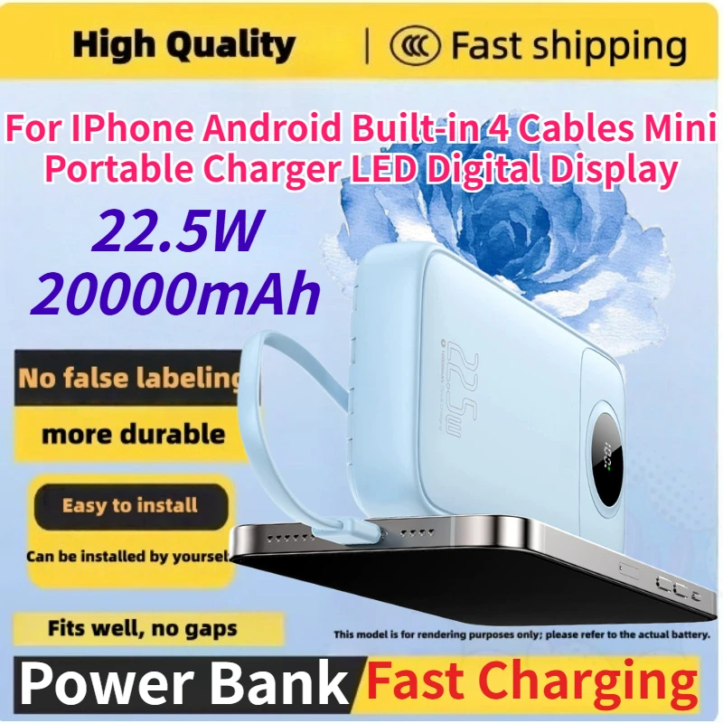 20000mAh 22.5W Power Bank Fast Charging Built-in 4 Cables Mini Portable Charger LED Digital Display for IPhone Android
20000mAh 22.5W Power Bank Fast Charging Built-in 4 Cables Mini Portable Charger LED Digital Display for IPhone Android