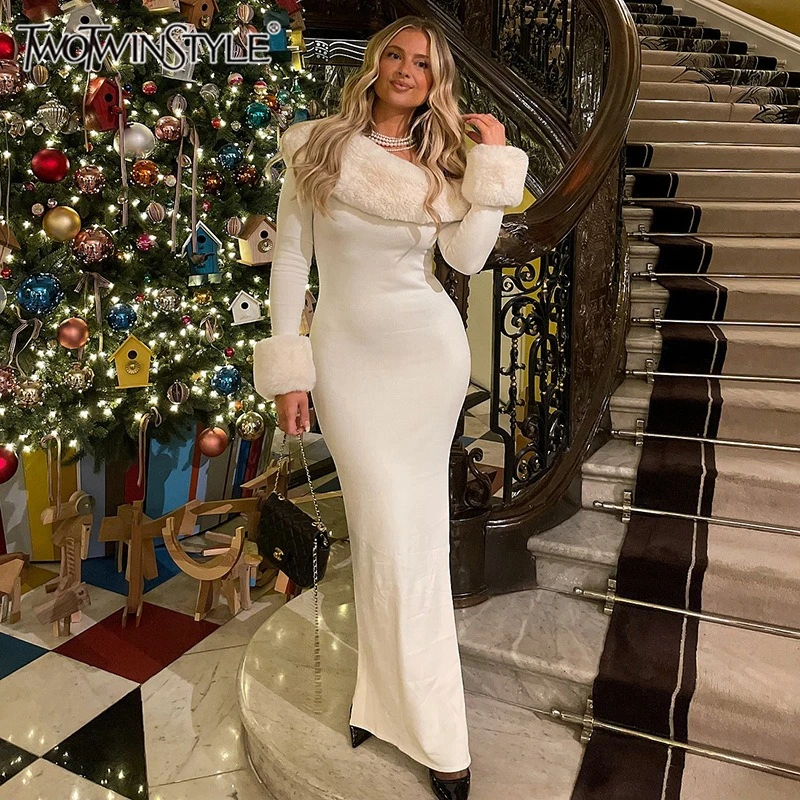 TWOTWINSTYLE Festival Resort Style Solid Dresses for Women Fur Collar Off One Shoulder Slimming Bodycon Christmas Dress Female
TWOTWINSTYLE Festival Resort Style Solid Dresses for Women Fur Collar Off One Shoulder Slimming Bodycon Christmas Dress Female