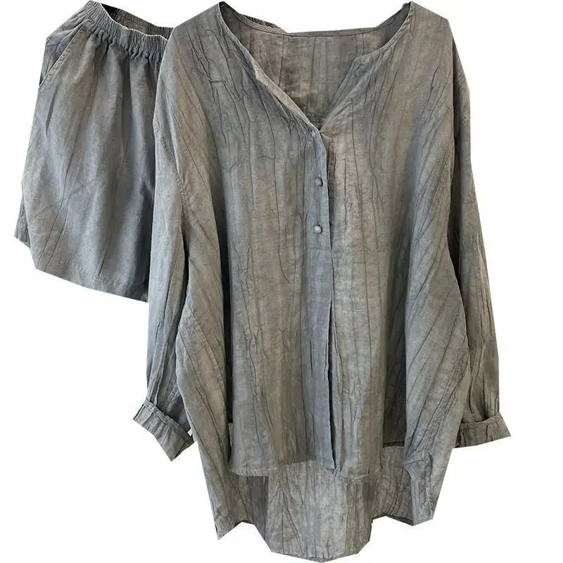 High end retro cotton linen shirt, women's loose design, summer gray shirt, elastic waist, short two-piece set
High end retro cotton linen shirt, women's loose design, summer gray shirt, elastic waist, short two-piece set