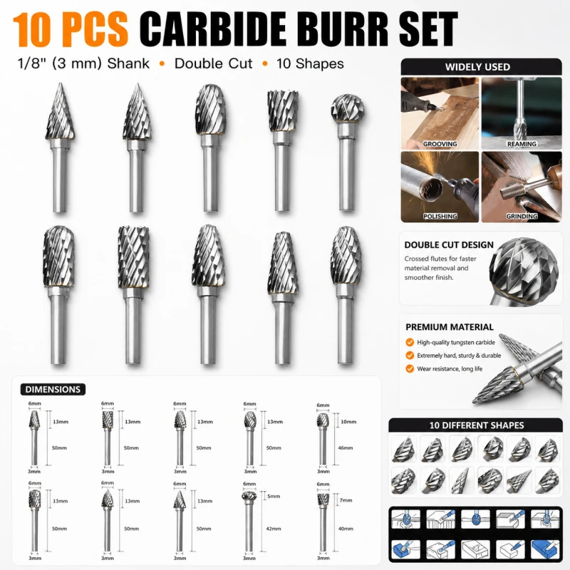 10Pcs Carbide Rotary Burr Set, Double Cut Carving Bits 1/8" Shank for Dremel, Woodworking Engraving Metal Grinding Tool
10Pcs Carbide Rotary Burr Set, Double Cut Carving Bits 1/8" Shank for Dremel, Woodworking Engraving Metal Grinding Tool