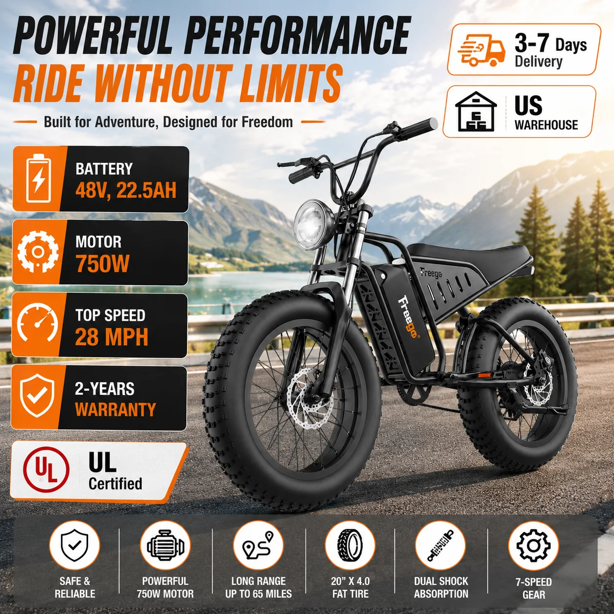 Freego S1 Electric Bicycle 750W 48V, 22.5AH Battery Electric cycle E-Bike Max Speed 28 MPH off-road Electric bike Teens Adults
Freego S1 Electric Bicycle 750W 48V, 22.5AH Battery Electric cycle E-Bike Max Speed 28 MPH off-road Electric bike Teens Adults