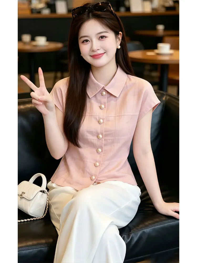 Summer 2026 Women's Slim Fit Short Sleeve Shirt Pink Single Button Collar Casual Style Fashionable Waist-Cinching Top
Summer 2026 Women's Slim Fit Short Sleeve Shirt Pink Single Button Collar Casual Style Fashionable Waist-Cinching Top