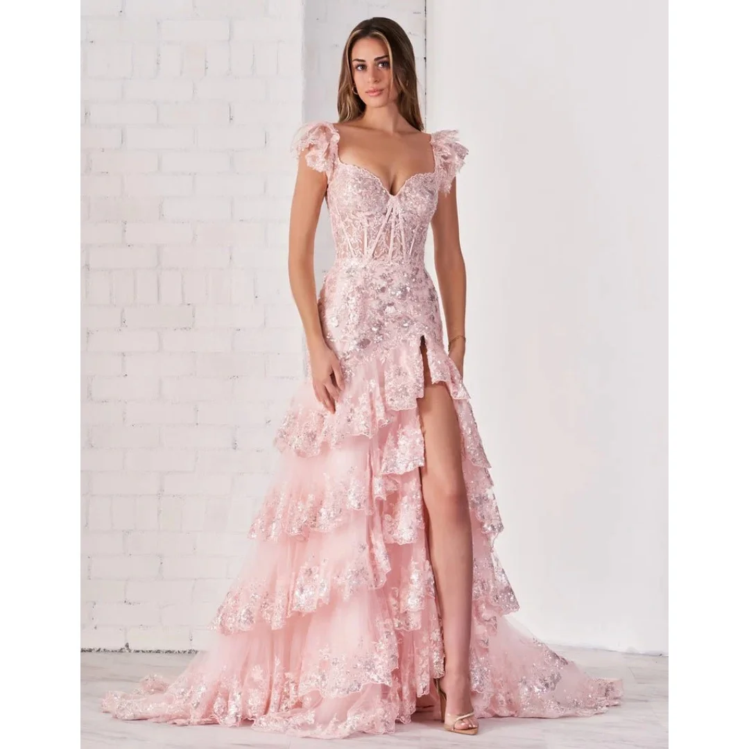 Luxury Lace Sequined Evening Dresses Woman Tiered Ruffles vestidos de noche Side Slit Prom Dress Pink Party Gowns Customized
Luxury Lace Sequined Evening Dresses Woman Tiered Ruffles vestidos de noche Side Slit Prom Dress Pink Party Gowns Customized