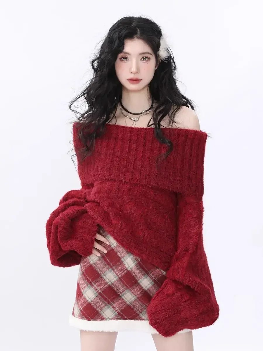 Sweet Hot Girl Christmas Off Shoulder Sweater Women's Autumn/Winter Mink Velvet Loose Twists Knitting Pullover Female Clothes
Sweet Hot Girl Christmas Off Shoulder Sweater Women's Autumn/Winter Mink Velvet Loose Twists Knitting Pullover Female Clothes