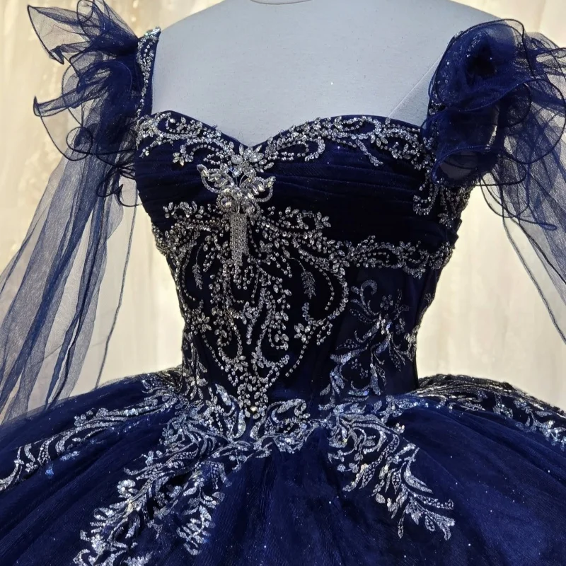 Dark Blue Quinceanera Dress off-shoulder Silvery Glitter Crystal Decal Long tail Bow vestidos de 15 Quinceanera Customize
Dark Blue Quinceanera Dress off-shoulder Silvery Glitter Crystal Decal Long tail Bow vestidos de 15 Quinceanera Customize