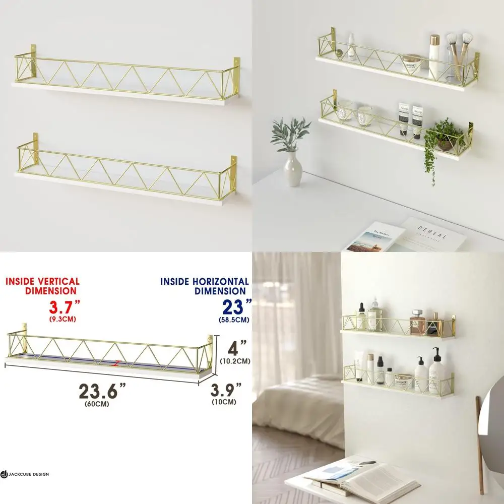 Set of 2 White & Gold Wall-Mounted Shelves with Iron Brackets for Home, Bathroom, and Nursery Storage
Set of 2 White & Gold Wall-Mounted Shelves with Iron Brackets for Home, Bathroom, and Nursery Storage