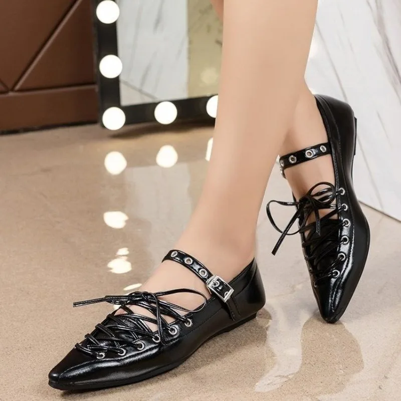 Lace-Up Pointed Toe Ballet Flats Mary Jane Shoes Strap & Eyelet Detail Versatile Footwear for Daily Wear & Retro Style Outfits
Lace-Up Pointed Toe Ballet Flats Mary Jane Shoes Strap & Eyelet Detail Versatile Footwear for Daily Wear & Retro Style Outfits