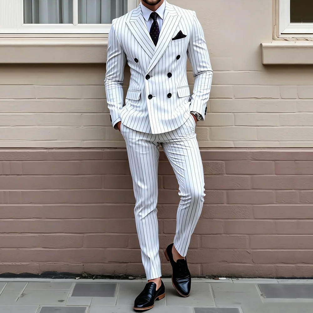 Men's Suits 2 Pieces Jacket Pants White Stripe Double Breasted Casual Bussiness Wedding Groom Tuxedos Slim Male Fashion Trousers
Men's Suits 2 Pieces Jacket Pants White Stripe Double Breasted Casual Bussiness Wedding Groom Tuxedos Slim Male Fashion Trousers