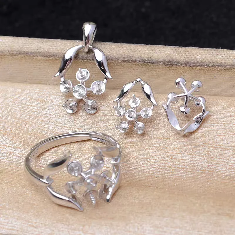 S925 Sterling Silver Pendant Ring Earrings Set Mountings Findings Beautiful Jewelry Set Parts Fittings for 3-5mm Pearls
S925 Sterling Silver Pendant Ring Earrings Set Mountings Findings Beautiful Jewelry Set Parts Fittings for 3-5mm Pearls
