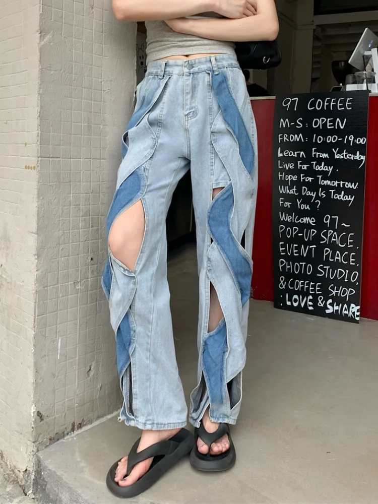 Новые модные уличные джинсовые брюки крест-накрест хитового цвета для женщин, брюки с высокой талией и лоскутными карманами, полые брюки с разрезом
Новые модные уличные джинсовые брюки крест-накрест хитового цвета для женщин, брюки с высокой талией и лоскутными карманами, полые брюки с разрезом