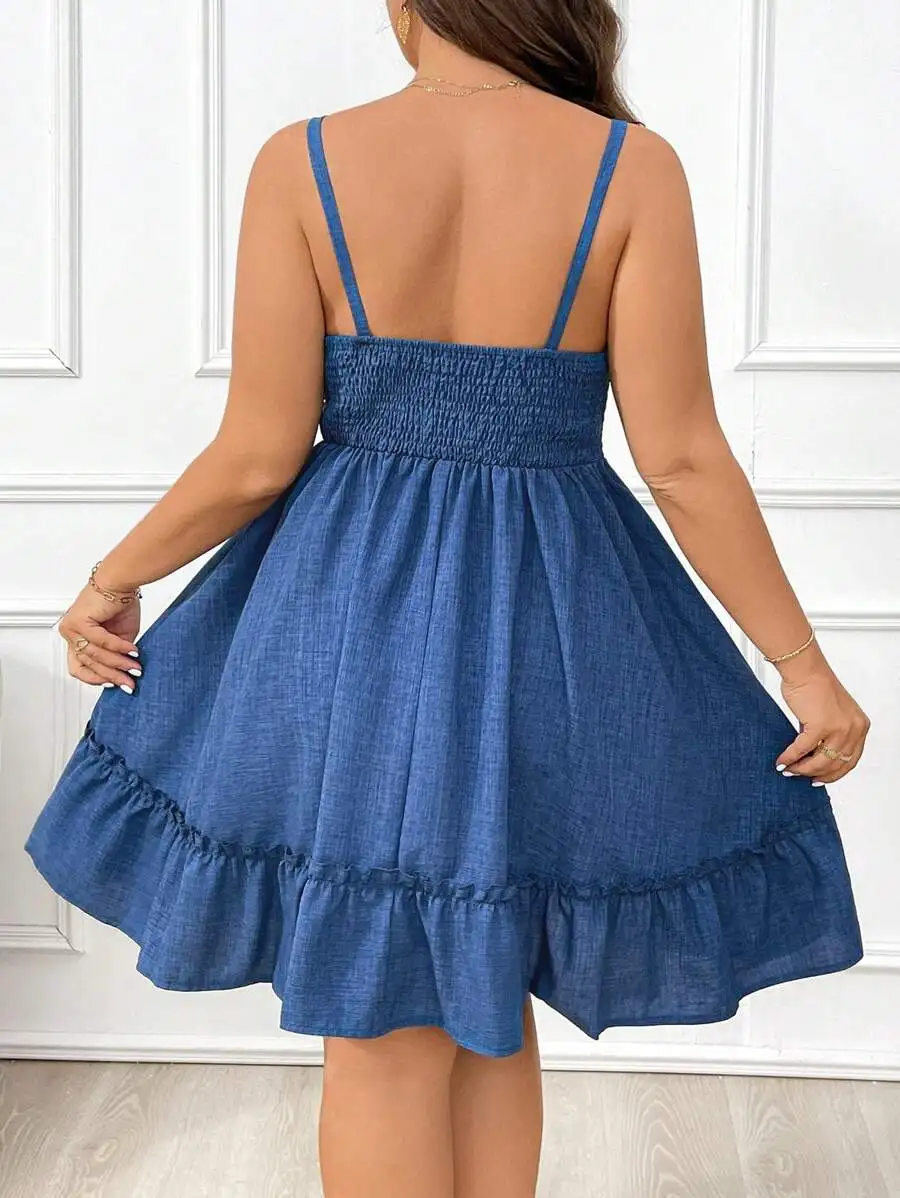 Blue Summer Sundress With Ruffles And Spaghetti Straps
Blue Summer Sundress With Ruffles And Spaghetti Straps