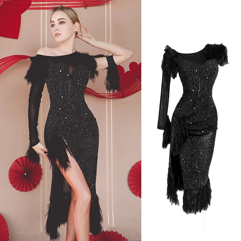 Shiny Sequins Latin Dance Dress Sexy Off-Shoulder Feather Performance Costume ChaCha Rumba Tango Dancing Stage Dresses VDB7959
Shiny Sequins Latin Dance Dress Sexy Off-Shoulder Feather Performance Costume ChaCha Rumba Tango Dancing Stage Dresses VDB7959