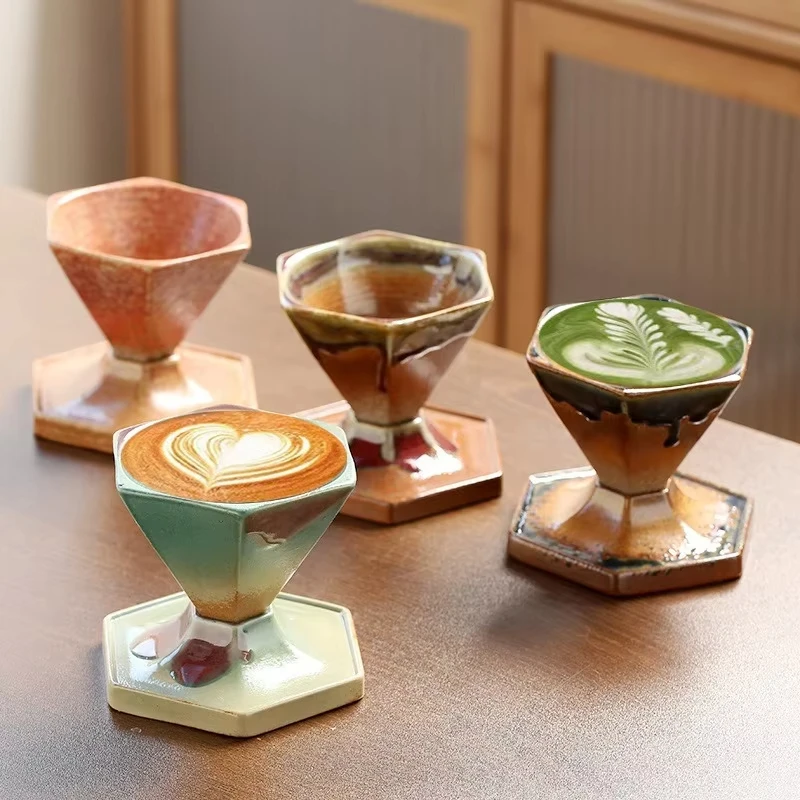 160ML Coarse Pottery Coffee Mug with Base Rough Pottery Hexagonal Cone Shaped Tea Cup Nordic Retro Coffee Porcelain Cup
160ML Coarse Pottery Coffee Mug with Base Rough Pottery Hexagonal Cone Shaped Tea Cup Nordic Retro Coffee Porcelain Cup