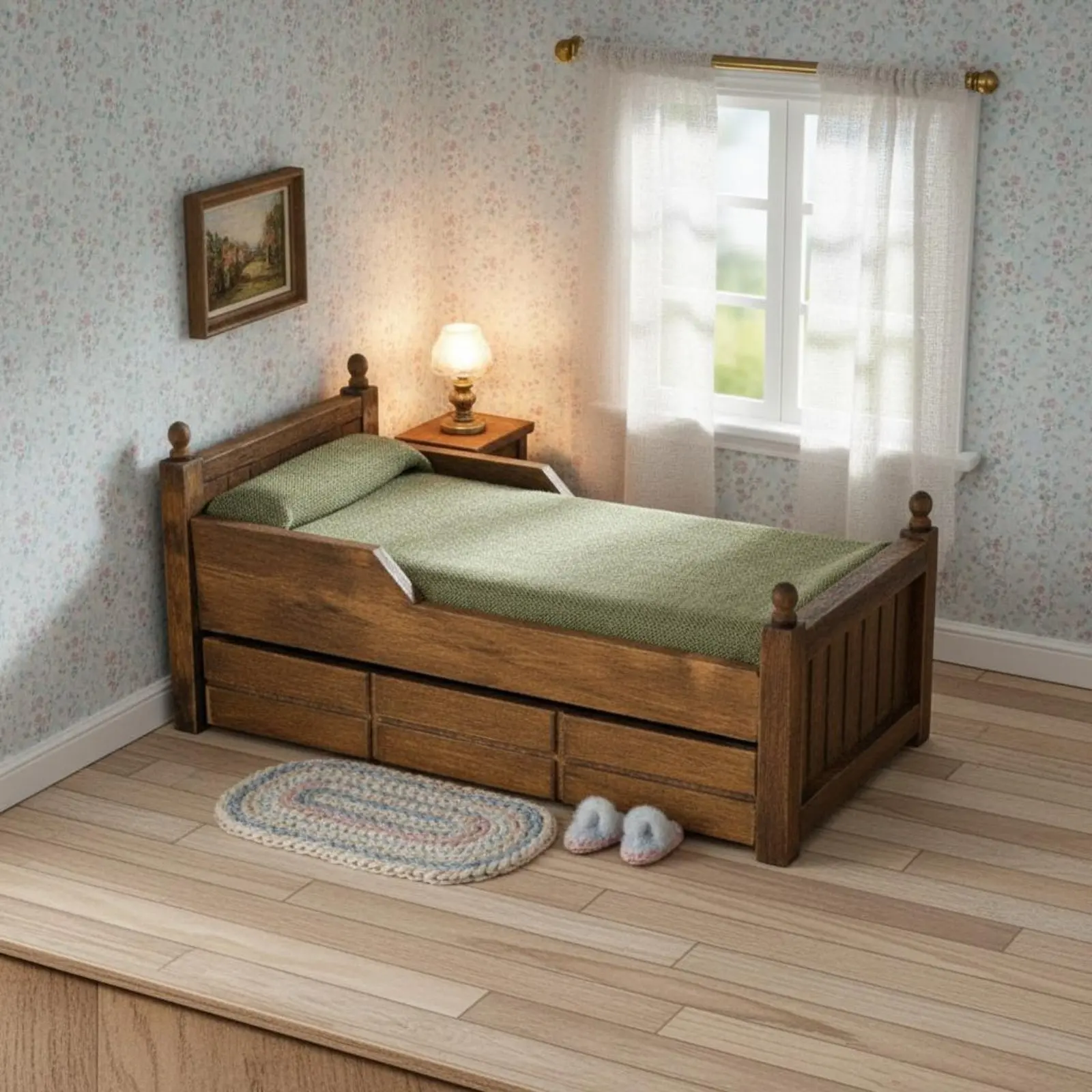1:12 Scale Wooden Bed Handmade Dollhouse Bed with Drawer High Intricate for Collectors, Miniature Scene
1:12 Scale Wooden Bed Handmade Dollhouse Bed with Drawer High Intricate for Collectors, Miniature Scene