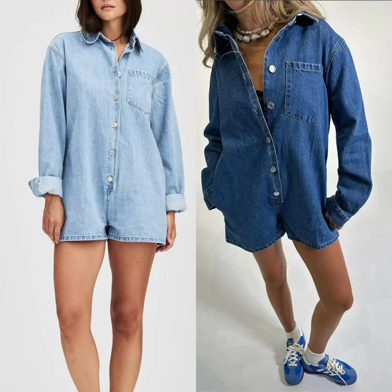 Autumn 2026 Trendy Streetwear Collar Long Sleeve Cowboy Jumpsuit for Women Casual Comfortable Short Jumpsuit
Autumn 2026 Trendy Streetwear Collar Long Sleeve Cowboy Jumpsuit for Women Casual Comfortable Short Jumpsuit