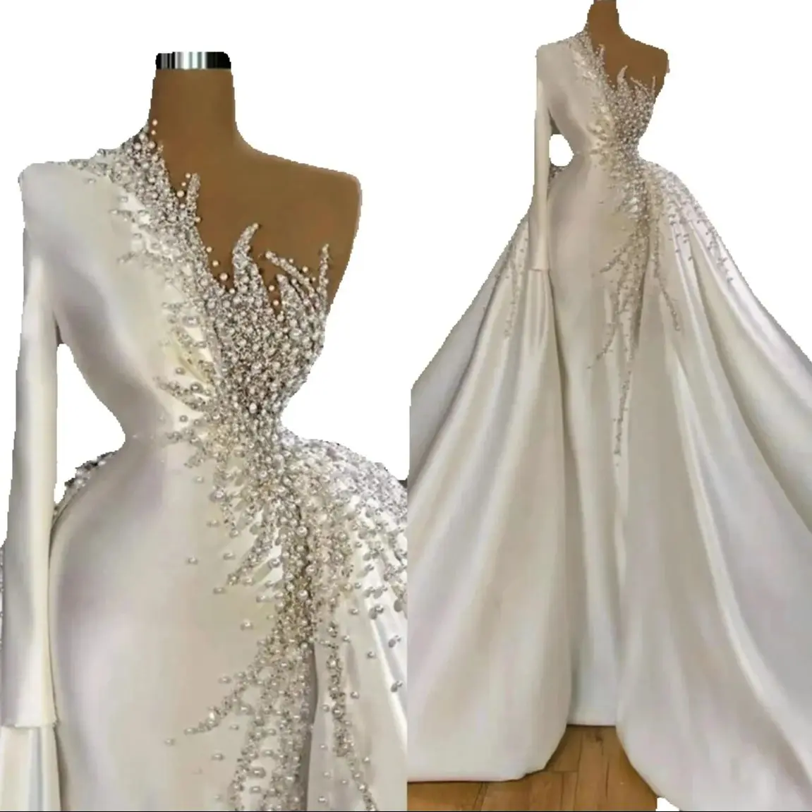 Customized Satin One Sleeve 2 In 1 Mermaid Wedding Dress For Bride Mariage One Long Sleeve Bridal Dress With Detachable Train
Customized Satin One Sleeve 2 In 1 Mermaid Wedding Dress For Bride Mariage One Long Sleeve Bridal Dress With Detachable Train