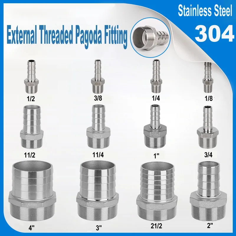 304 Stainless Steel Pagoda Connector 1/8" 1/4" 3/8" Hose Barb Connector Hose Tail Thread PC Male Pipe Fittings
304 Stainless Steel Pagoda Connector 1/8" 1/4" 3/8" Hose Barb Connector Hose Tail Thread PC Male Pipe Fittings