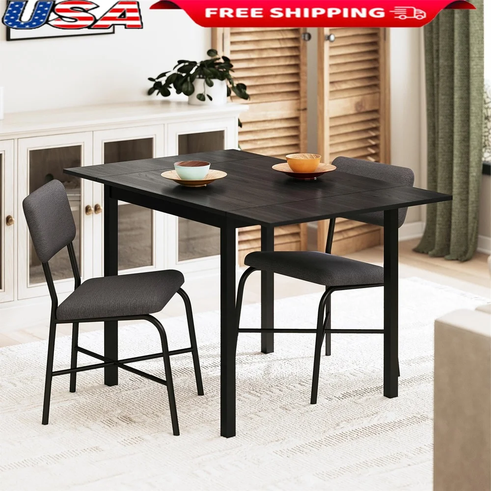 Space Saving 3 Piece Drop Leaf Dining Table Set with 2 Chairs Black Melamine Top Metal Frame Small Spaces
Space Saving 3 Piece Drop Leaf Dining Table Set with 2 Chairs Black Melamine Top Metal Frame Small Spaces