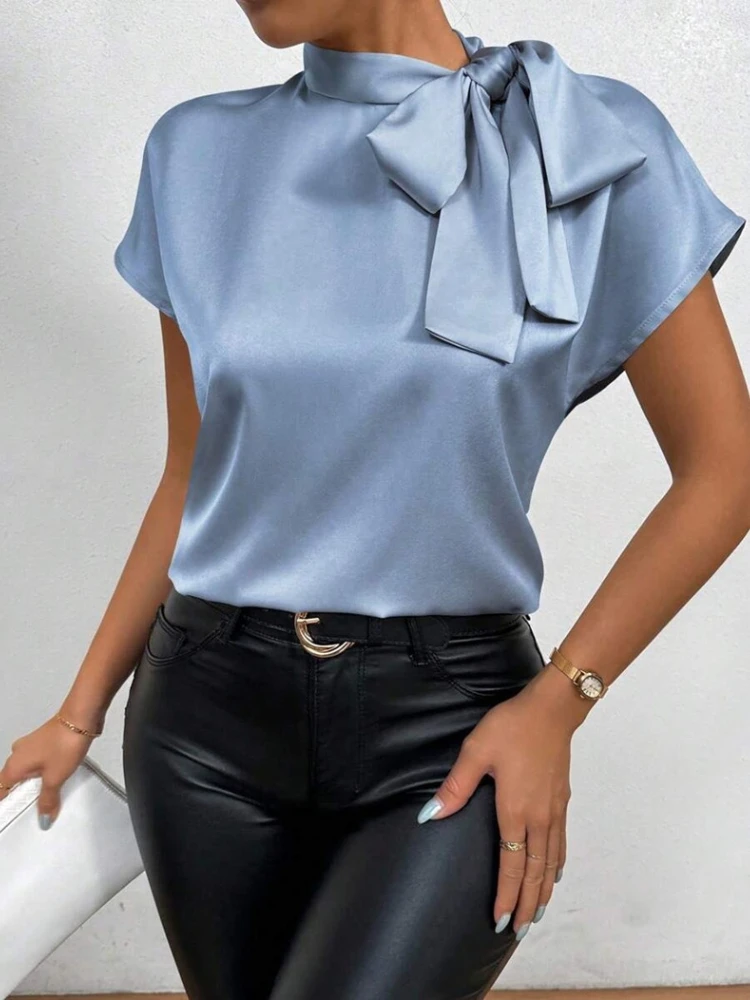Female Short Sleeve Solid Color All-match Pullover Tee Women's Temperament Summer Tops Women Shirt Fashion Bow Satin T-shirt
Female Short Sleeve Solid Color All-match Pullover Tee Women's Temperament Summer Tops Women Shirt Fashion Bow Satin T-shirt