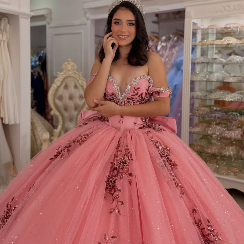 Shiny Pink Quinceanera Dress off-shoulder Glitter Crystal Flower Decal Long tail Bow vestidos de 15 Quinceanera Customize
Shiny Pink Quinceanera Dress off-shoulder Glitter Crystal Flower Decal Long tail Bow vestidos de 15 Quinceanera Customize