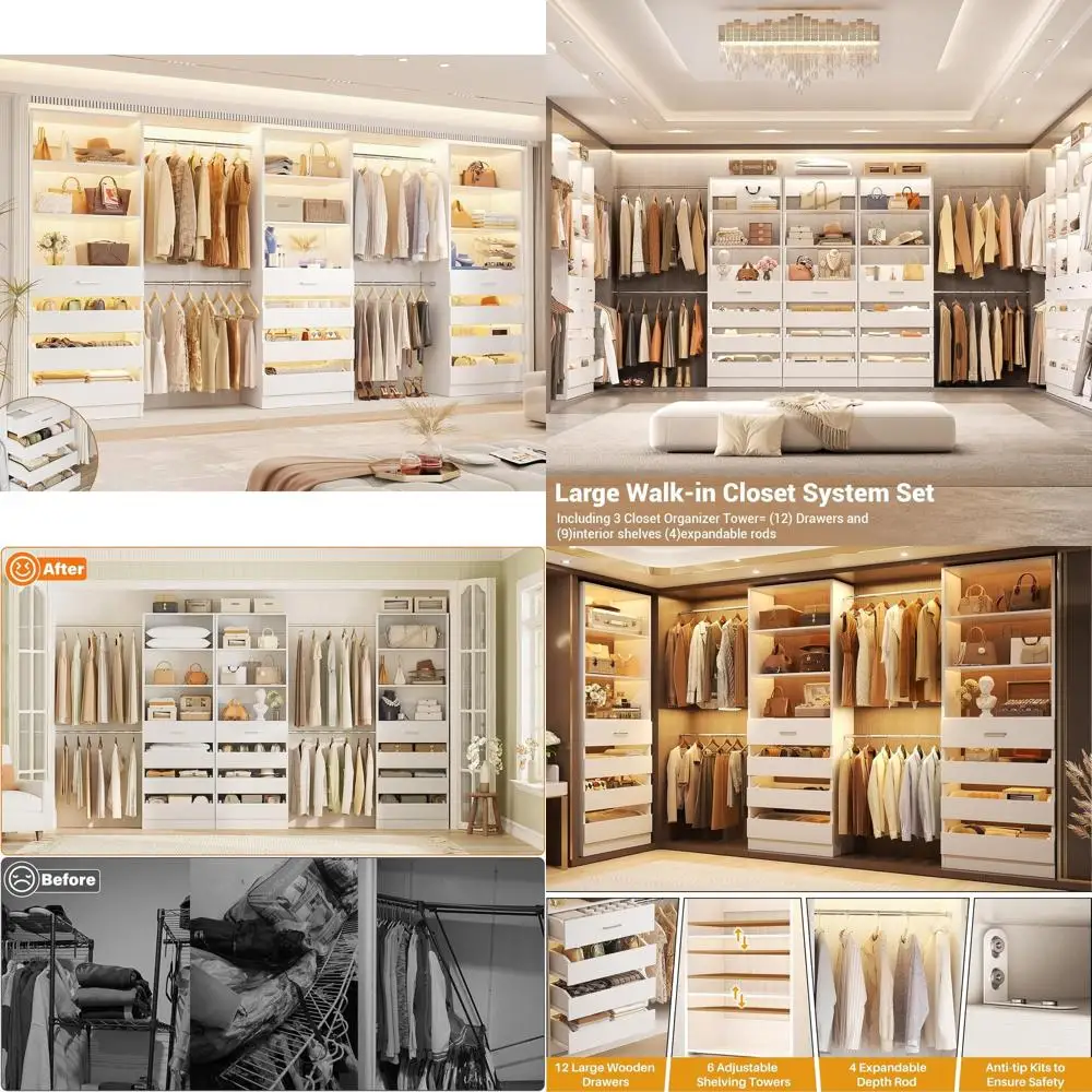 12-Drawer Wood Closet Organizer with 4 Hanging Rods and 3 Towers, L-Shaped Walk-in Closet System, White
12-Drawer Wood Closet Organizer with 4 Hanging Rods and 3 Towers, L-Shaped Walk-in Closet System, White