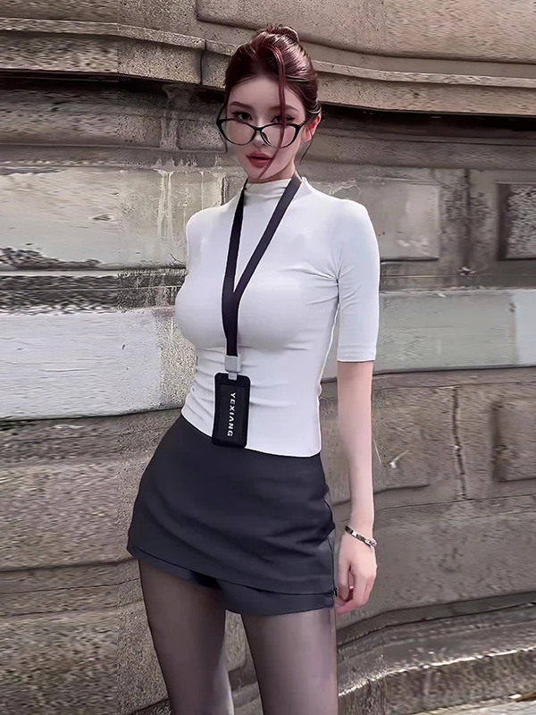 White High Collar mid Sve T-irt Women's Slim Fit Top ey Skirt Pants Korean Sle Profional Clothing Set
White High Collar mid Sve T-irt Women's Slim Fit Top ey Skirt Pants Korean Sle Profional Clothing Set