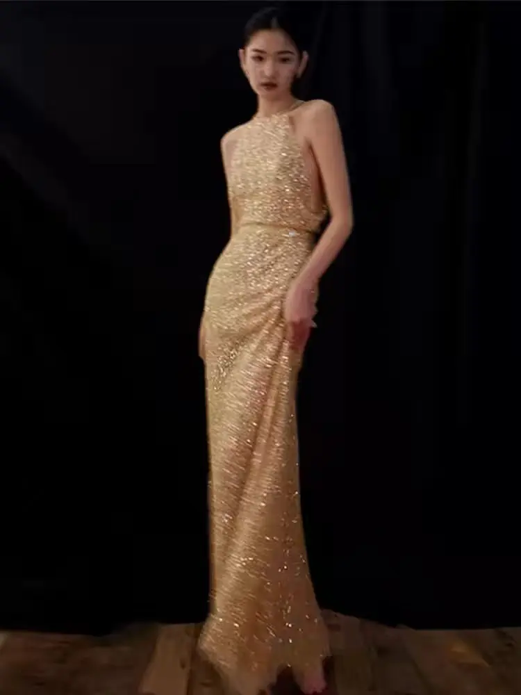 Gold Sequin Evening Dress Sexy Neck Hanging Performance Birthday Party Hostess Graceful Wine Toast Long Evening Gown
Gold Sequin Evening Dress Sexy Neck Hanging Performance Birthday Party Hostess Graceful Wine Toast Long Evening Gown