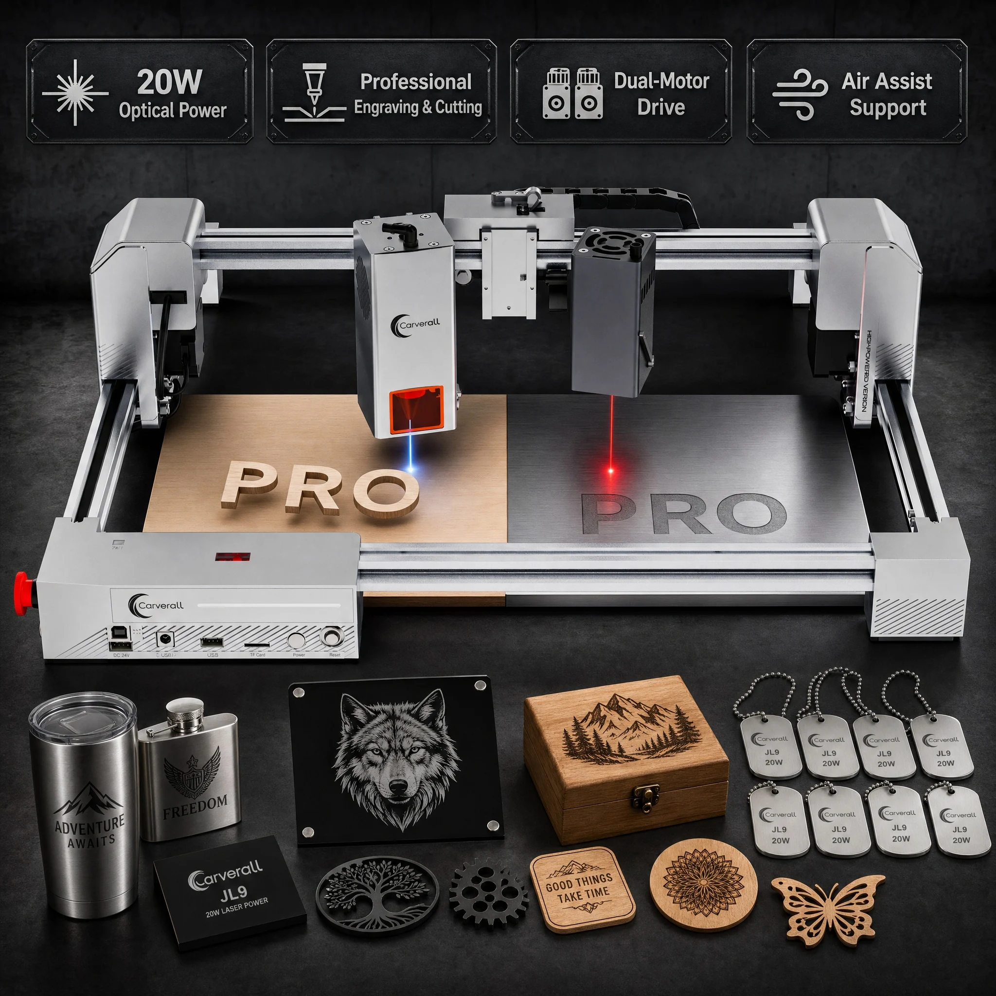 Carverall JL9 20W Laser Engraver Cutter with 1064nm IR Module 300x300mm Dual-Laser Engraving Machine Air Assist for Wood Metal
Carverall JL9 20W Laser Engraver Cutter with 1064nm IR Module 300x300mm Dual-Laser Engraving Machine Air Assist for Wood Metal