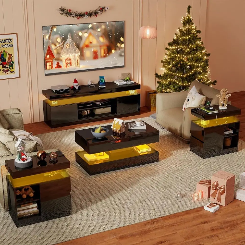 4-Piece High Gloss Living Room Furniture Set with LED TV Stand, Coffee Table, End Table, and Power Outlet
4-Piece High Gloss Living Room Furniture Set with LED TV Stand, Coffee Table, End Table, and Power Outlet