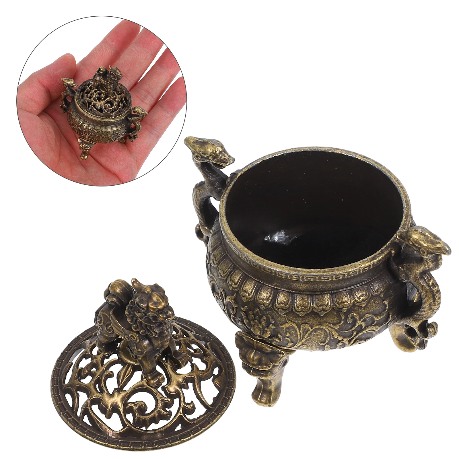 Copper Mini Incense Burner Three Legged Lid Dual Handle Feng Shui Aromatherapy Censer Vintage Chinese Home Decor
Copper Mini Incense Burner Three Legged Lid Dual Handle Feng Shui Aromatherapy Censer Vintage Chinese Home Decor