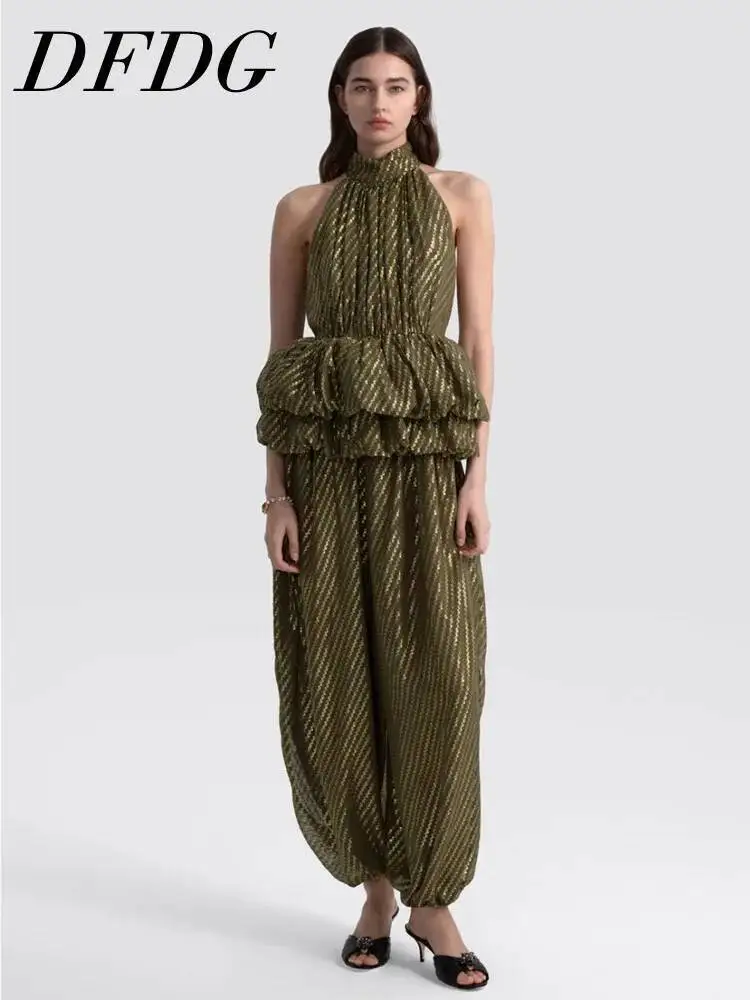 DFDG Women 2026 Spring Summer Halter Neck Jumpsuit Metallic Striped Ruffle Waist Wide Leg Lantern Pants Elegant Party Outfit
DFDG Women 2026 Spring Summer Halter Neck Jumpsuit Metallic Striped Ruffle Waist Wide Leg Lantern Pants Elegant Party Outfit