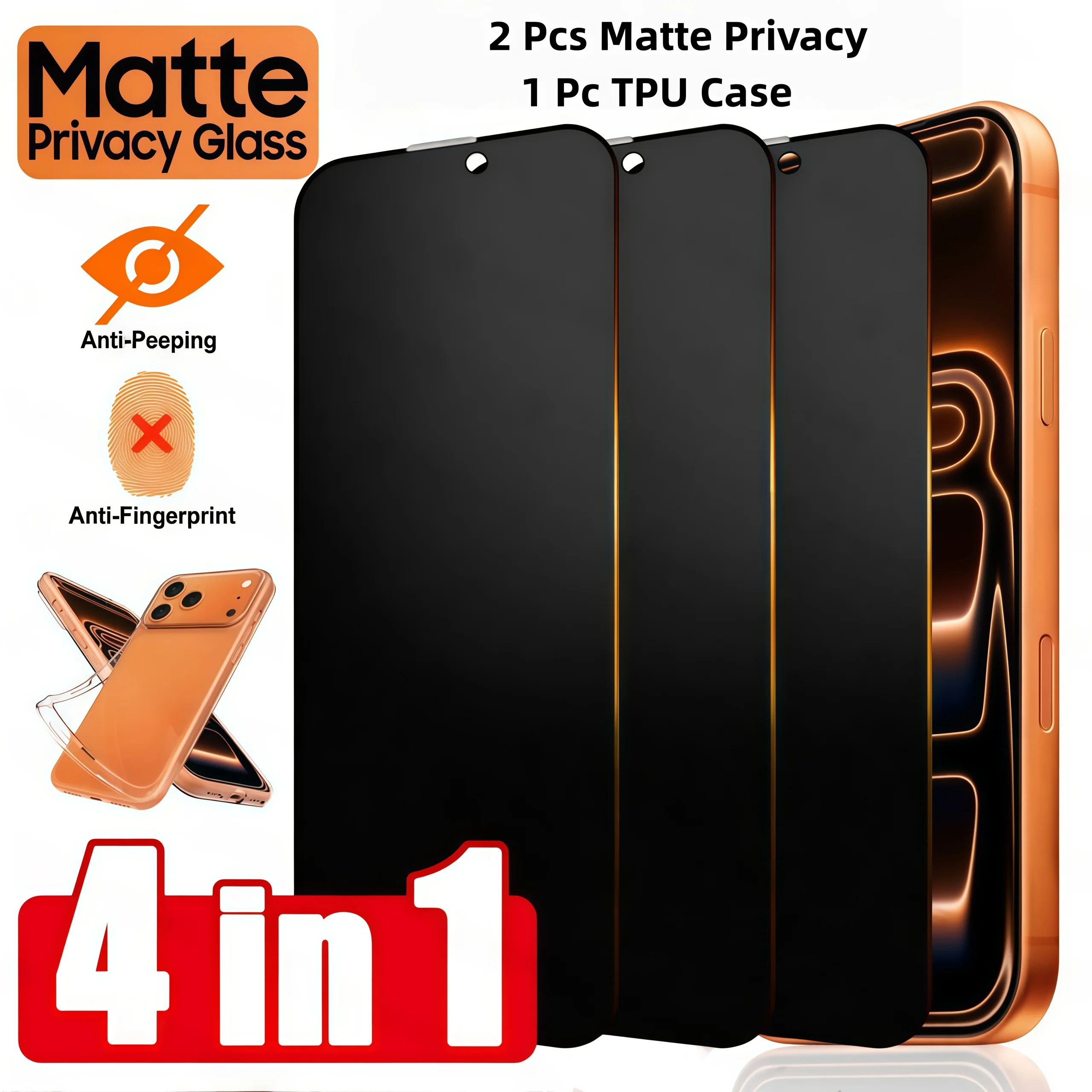 3 Pcs Full Cover Matte Privacy Tempered Glass Screen Protectors And 1pc TPU Transparent Phone Case for Iphone 17/16/15/14/13/12
3 Pcs Full Cover Matte Privacy Tempered Glass Screen Protectors And 1pc TPU Transparent Phone Case for Iphone 17/16/15/14/13/12