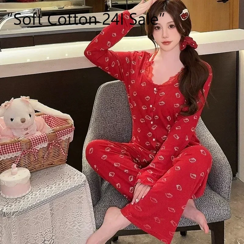 2025 new women's pajamas sweet Hello Kitty cotton with chest pad two-piece set long-sleeved trousers Hello Kitty loungewear
2025 new women's pajamas sweet Hello Kitty cotton with chest pad two-piece set long-sleeved trousers Hello Kitty loungewear