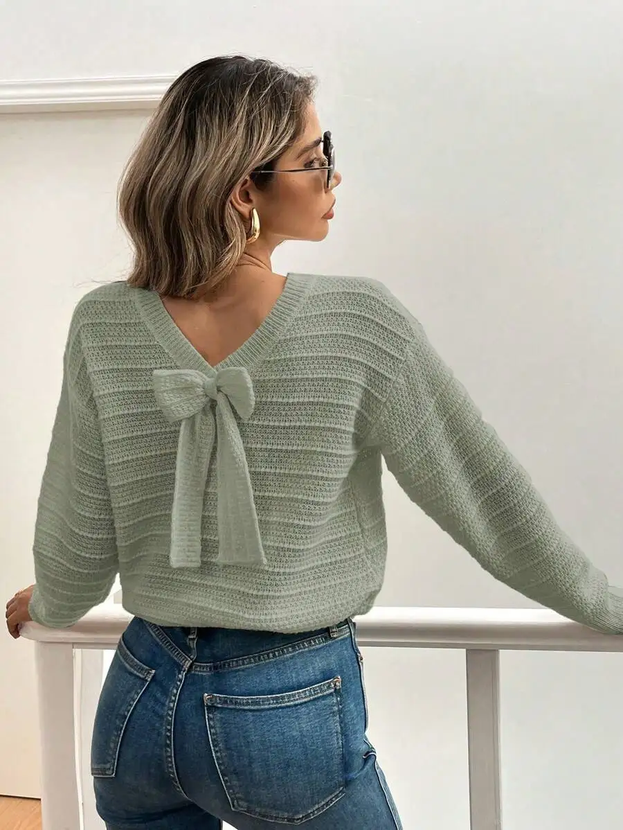 Minimalist Bow Decor V-Neck Long Sleeve Knit Sweater For Autumn Winter
Minimalist Bow Decor V-Neck Long Sleeve Knit Sweater For Autumn Winter