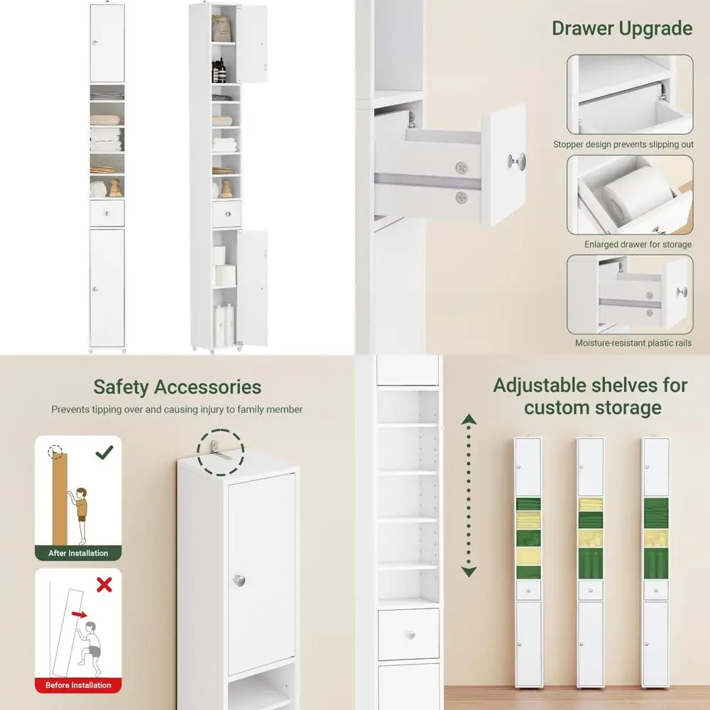 space-saving tall bathroom storage cabinet with adjustable shelves and doors
space-saving tall bathroom storage cabinet with adjustable shelves and doors