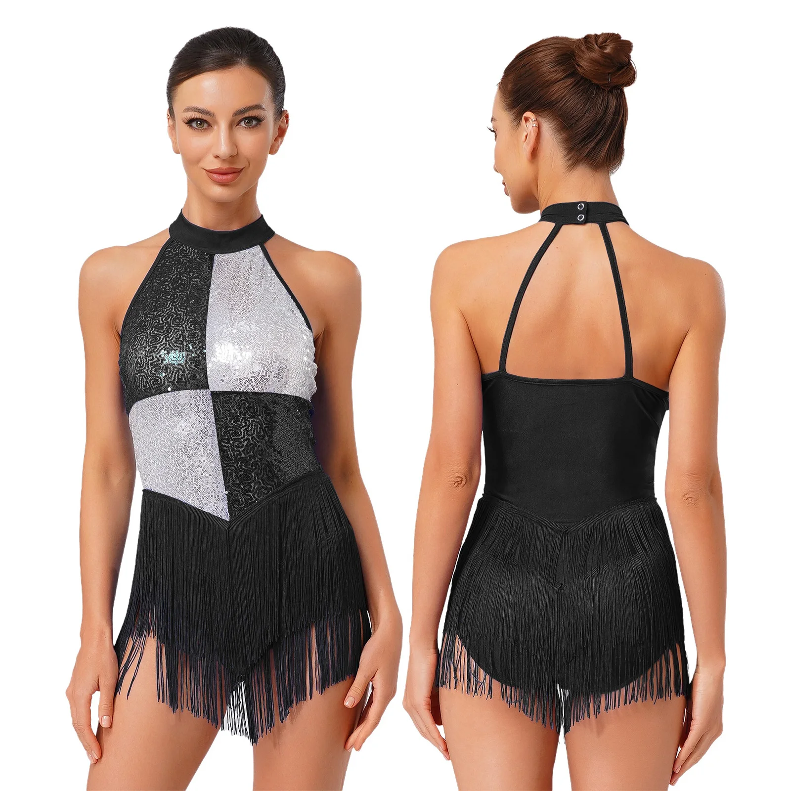 Women Shiny Sequin Latin Jazz Dance Dress Salsa Rumba Samba Dance Tassel Hem Chacha Leotards Stage Performance Dancewear 
Women Shiny Sequin Latin Jazz Dance Dress Salsa Rumba Samba Dance Tassel Hem Chacha Leotards Stage Performance Dancewear