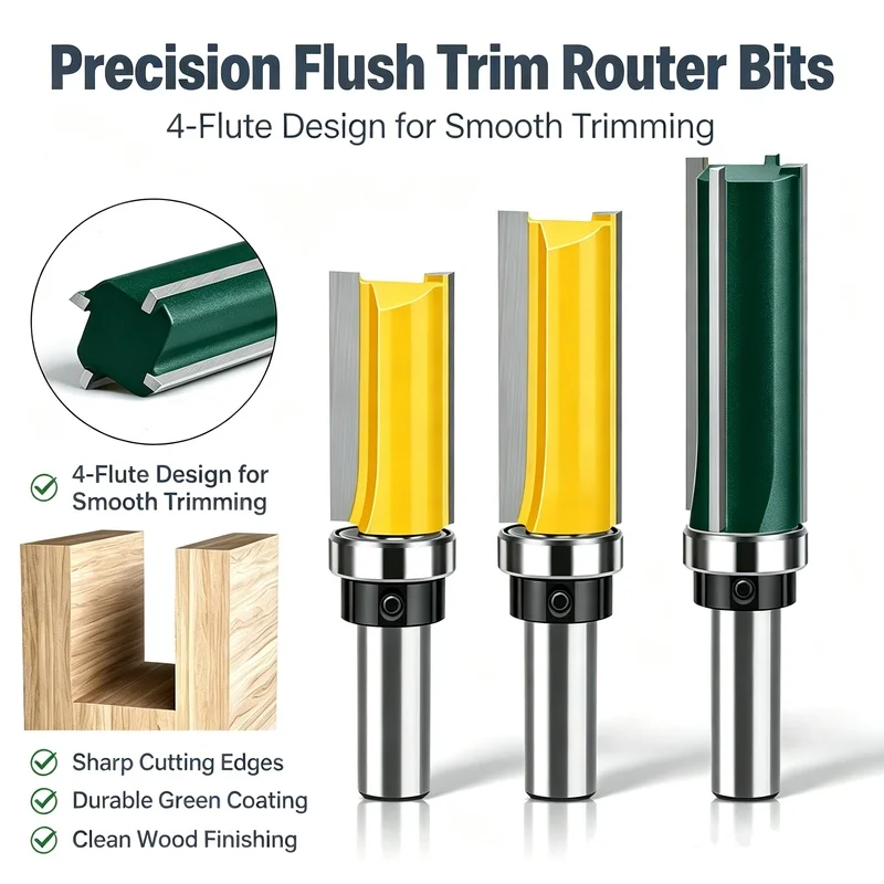 12pcs Carbide Straight Router Bits Set – Double & Four Flute Bearing Guided Pattern Trimming Bit, Woodworking CNC Milling Cutter
12pcs Carbide Straight Router Bits Set – Double & Four Flute Bearing Guided Pattern Trimming Bit, Woodworking CNC Milling Cutter