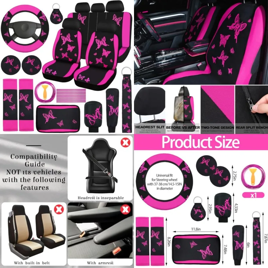 43 Pcs Butterfly Car Seat Full Set Butterfly Car Accessories for Women 5 Front Rear Seat Covers Wrist Strap 2 Pcs Cup Mat Armrest Pad 2 Belt Xmas Cover Accessories for SUV(Rose, Black)
43 Pcs Butterfly Car Seat Full Set Butterfly Car Accessories for Women 5 Front Rear Seat Covers Wrist Strap 2 Pcs Cup Mat Armrest Pad 2 Belt Xmas Cover Accessories for SUV(Rose, Black)