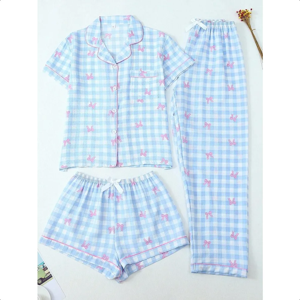 Women 3Pcs Plaid Sleepwear Set, Bow Accent Single Breasted Collared Top with Shorts, Casual Spring Summer Home Wear
Women 3Pcs Plaid Sleepwear Set, Bow Accent Single Breasted Collared Top with Shorts, Casual Spring Summer Home Wear